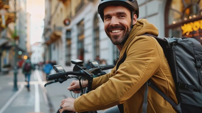 A man with a smile riding a bicycle. Suitable for active lifestyle concepts