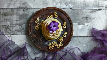   A cupcake topped with purple icing & a purple flower on a brown plate atop a white wooden table - Powered by Adobe