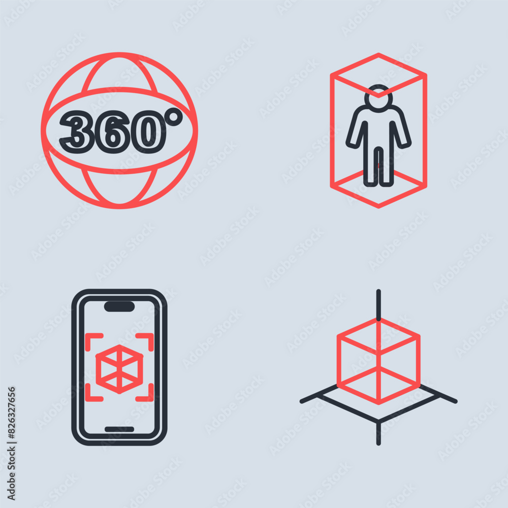 Aufkleber set line 3d modeling, and 360 degree view icon. vector