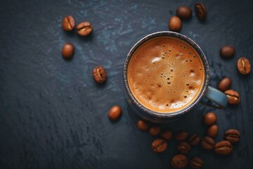 Closeup of a steaming cup of espresso surrounded by scattered coffee beans on a dark background