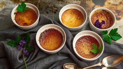   Four small white bowls filled with food rest atop a table, accompanied by silver spoons and a napkin adorned with purple flowers