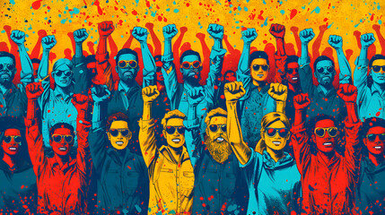 A diverse group of individuals stands united with their fists raised, symbolizing solidarity during a protest.