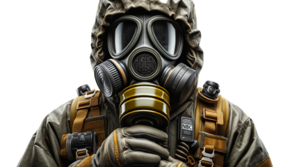 NBC (Nuclear, Biological, Chemical) protection suit isolated on a white background. The suit features a full-body design with a gas mask, hood, gloves