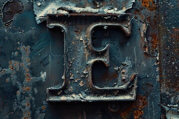 Rusted metal letter E on a weathered, rusty wall. Suitable for industrial or urban themed projects