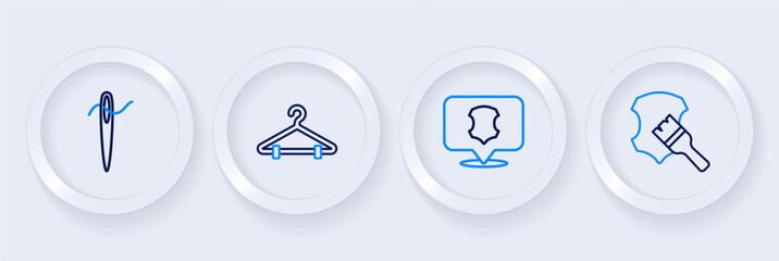 Set line Leather, Hanger wardrobe and Needle for sewing with thread icon. Vector