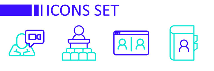Set line Phone book, Video chat conference, Speaker and icon. Vector