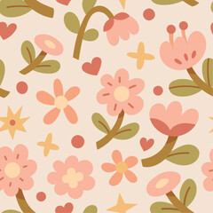 Cute floral vector seamless pattern. Delicate background with hand-drawn flowers and leaves. Colorful botanical illustration with abstract elements.