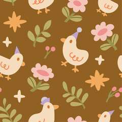 Vector seamless pattern with cute ducks and botanical elements. Hand drawn illustration with cartoon style for print, fabric, textile.