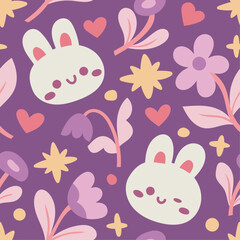 Cute vector seamless pattern with bunny and floral elements. Cartoon beautiful background.