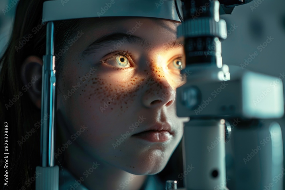 Poster a young girl with freckles using a microscope. suitable for educational projects
