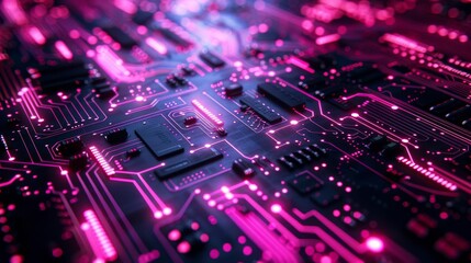 Obraz premium An electronic circuit board with glowing pink neon lights