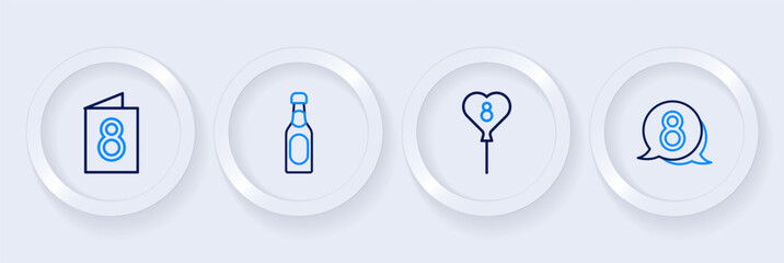 Set line 8 March in speech bubble, Balloons with, Champagne bottle and Greeting card icon. Vector