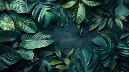 A lush tropical leaf background with dark green leaves and a textured dark background. Perfect for a spa, salon, or boutique.