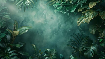 Obraz premium A lush green tropical leaf background with a dark green textured backdrop.