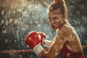 Woman wearing boxing gloves standing in the rain. Perfect for sports and fitness concepts