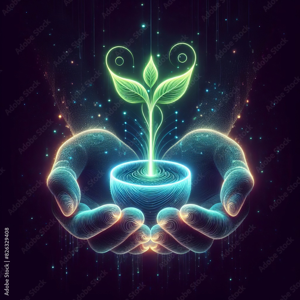 Poster a surreal depiction of glowing neon hands cradling a sprouting plant, surrounded by mystical particl