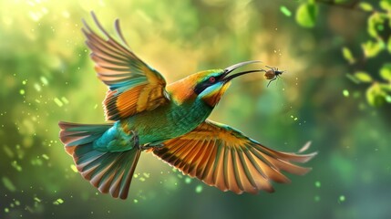 A colorful beeeater bird with vibrant green and brown feathers is captured in mid-flight