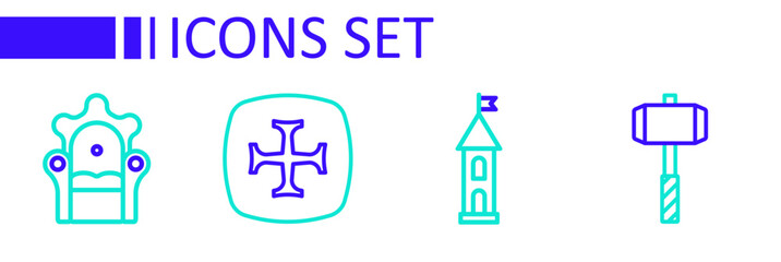 Set line Battle hammer, Castle tower, Crusade and Medieval throne icon. Vector