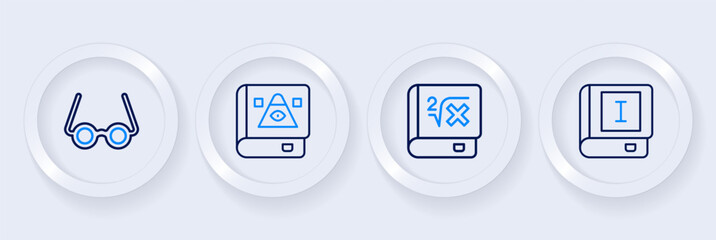 Set line Book, with mathematics, Ancient magic book and Glasses icon. Vector