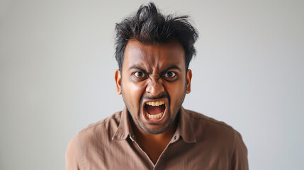 Angry Young Man with Wild Hair Yelling in Brown Shirt Posing for Studio Portrait with White Background