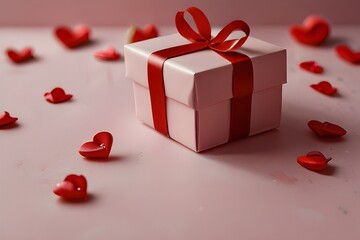 A pink gift box with a white ribbon surrounded by red roses and scattered heart shapes on a pink background