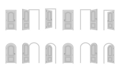 white doors vector set. doors in various stages, open, close, open inside and outside. vector illustration isolated on white background.