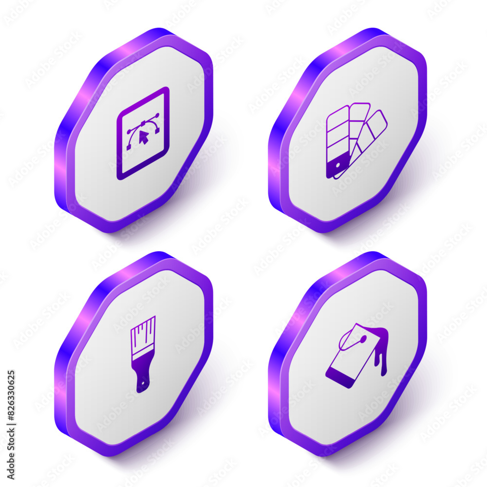 Poster set isometric computer with design program, color palette guide, paint brush and bucket icon. purple