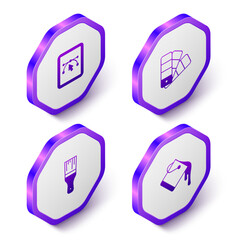 Set Isometric Computer with design program, Color palette guide, Paint brush and bucket icon. Purple hexagon button. Vector