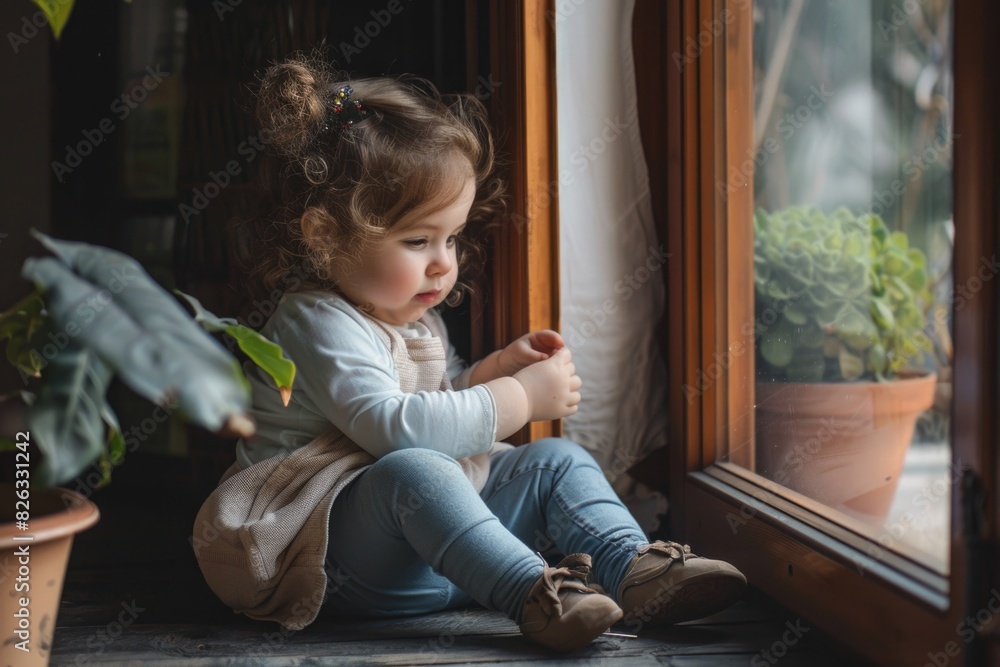 Poster a little girl sitting on the floor looking out a window. suitable for various children-related conce
