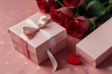 A pink gift box with a white ribbon surrounded by red roses and scattered heart shapes on a pink background