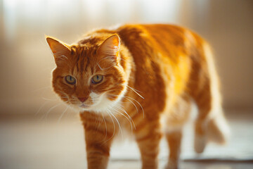 a ginger cat with an interesting look walking across a floor