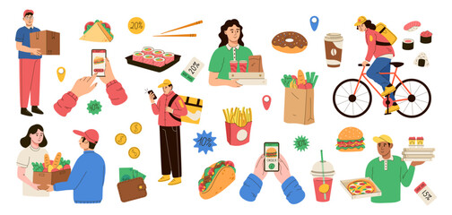 Delivery food. Takeaway lunch. Courier on fast moped or bike. Online sale service app. People with sandwich or pizza. Pay for meal purchase. Cafe delivering elements set. Vector garish illustration