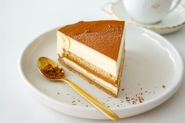 Piece of biscoff layered cheesecake on a white plate along with spoon on a white background 