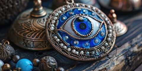 A close up of a necklace with an evil eye. Perfect for jewelry design inspiration