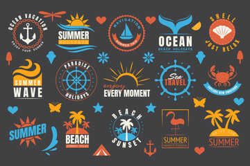 Badge summer. Logo design. Island tropical beach emblem, surfing party. Journey icon, vacation exotic, relax label, sun and ocean vintage, travel stamp collection. Vector holiday garish sign set