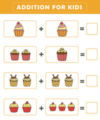 Preschool addition worksheet with cute cupcake illustration. Math Activities for Kids. Math activities for toddlers to practice early math concepts.