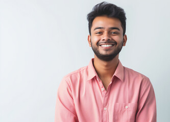 Smiling Young Man in Pink Shirt Posing for Studio Portrait with White Background