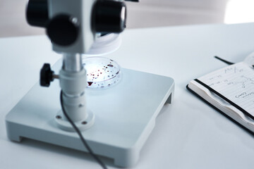 Sample, test and science of analyse, lens and microscope for study of chemical, future and...