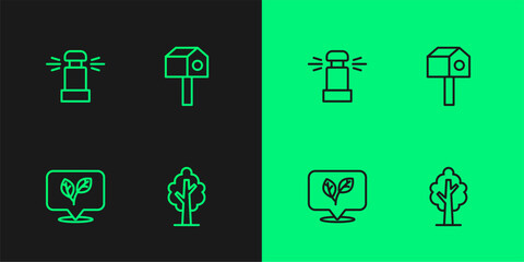 Set line Tree, Leaf, Automatic irrigation sprinklers and Bird house icon. Vector
