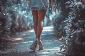 A woman in a white dress walking down a path. Suitable for various projects - Powered by Adobe
