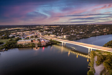 Aerial view of Marble Falls Bridge at sunset. Texas, USA