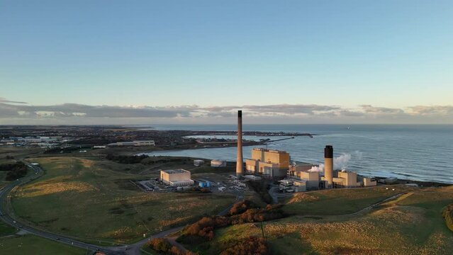 Drone shot of Peterhead Power Station with the sea in the background.