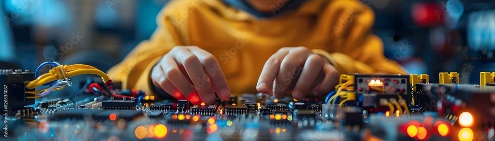 Aufkleber hands on educational electronics kit used by student to build and program simple robot for stem lear