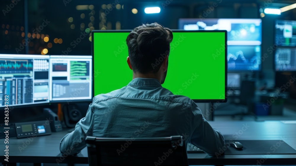Poster the confident male data scientist uses a green screen mock up template on a computer in the call cen