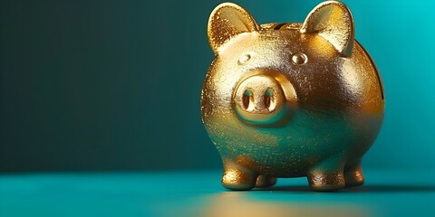 Stylish Gold Piggy Bank Set on a Turquoise Background Showcasing Wealth and Creativity in Savings and Investment Strategies