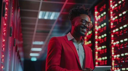 The handsome IT specialist is using a tablet computer in a data center while he studies the server farm. He is a successful e-business entrepreneur overlooking the cloud computing facility.
