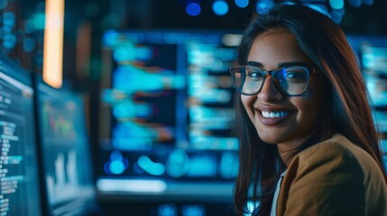 Naklejka premium An Indian female IT specialist creating innovative software is photographed at work on her desktop computer. Visual effects of running code enhance the image.