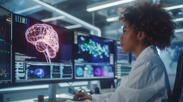 A female computer engineer works with a multi-ethnic team of specialists on a neural network/artificial intelligence project. Multiple screens show 3D visualizations.