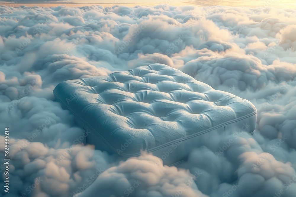 Poster a mattress floating in a sky filled with clouds. can be used for dream or sleep concept