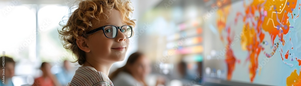 Poster smiling student visualizing complex math concepts using educational technology in classroom
